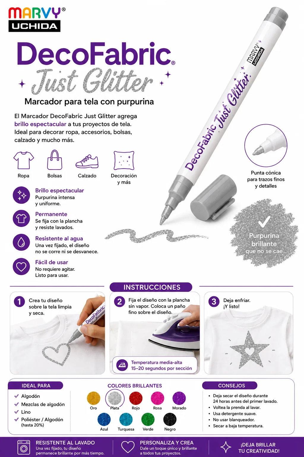Marcador Tela Glitter Plata